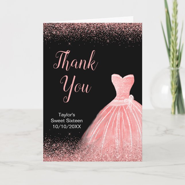 Carte De Remerciements Robe rose rose Faux Parties scintillant Douce 16 A (Devant)