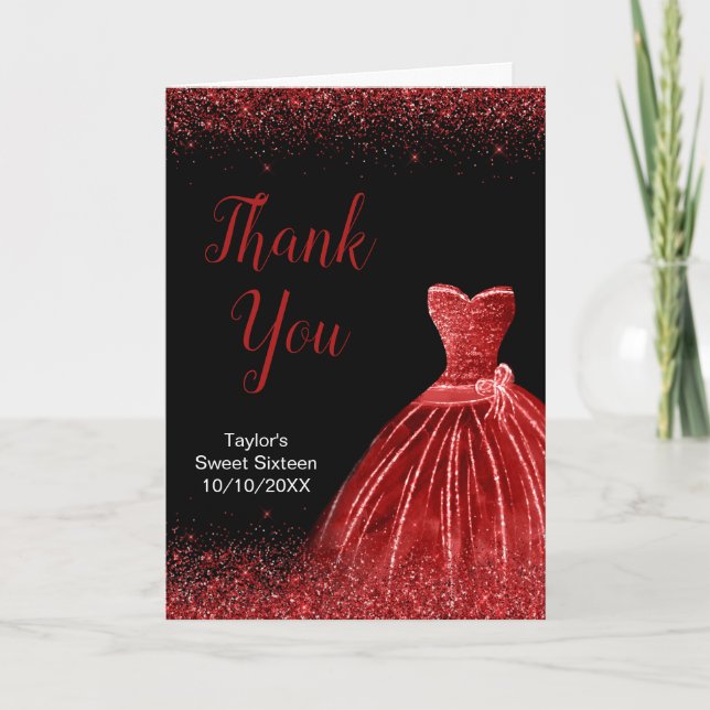 Carte De Remerciements Robe Rouge Lumineuse Faux Parties scintillant Douc (Devant)