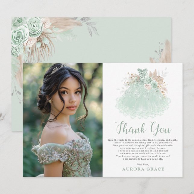Carte De Remerciements Robe Sage Green Argent Quinceañera Photo Anniversa (Devant / Derrière)