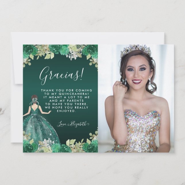 Carte De Remerciements Robe verte fleurie Anniversaire Photo Quinceanera (Devant)