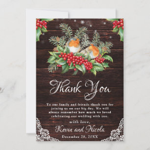 Carte De Remerciements Robins rustiques et Mariage de feuillage hivernal 