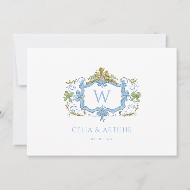 Carte De Remerciements Rococo Blue Monogram Crest Wedding  (Devant)