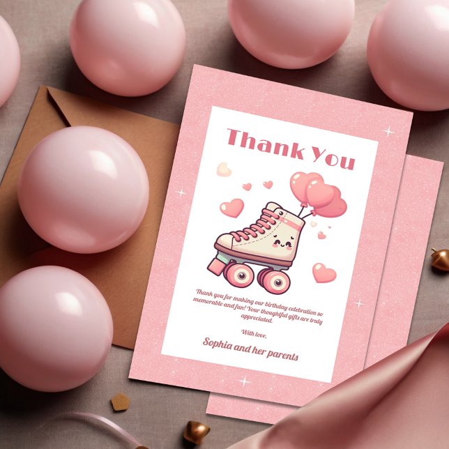 Carte De Remerciements Roller Skating Pink Heart Girl's Birthday Party (Créateur téléchargé)