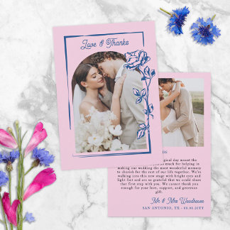 Carte De Remerciements Romantic Blue Pink Rose Illustration Photo Wedding