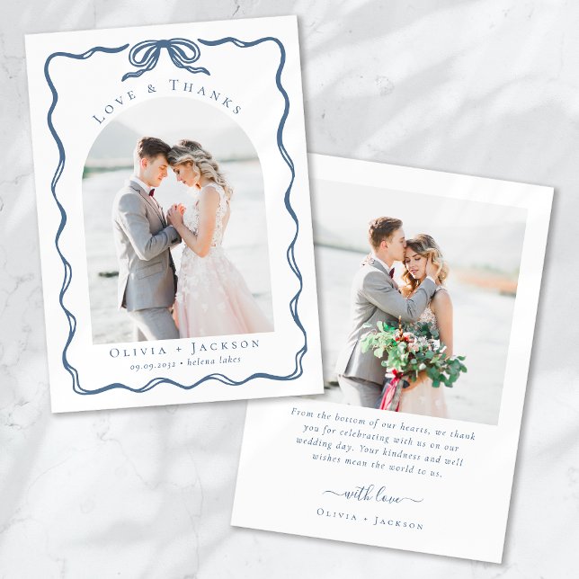 Carte De Remerciements Romantic Doodle Coquette Bow Blue Wedding Photo (Créateur téléchargé)