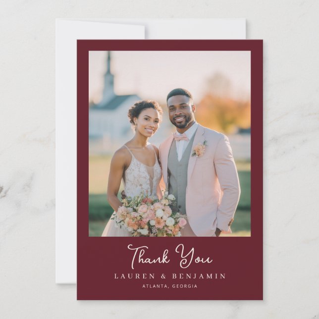 Carte De Remerciements Romantic Maroon Wedding Photo (Devant)