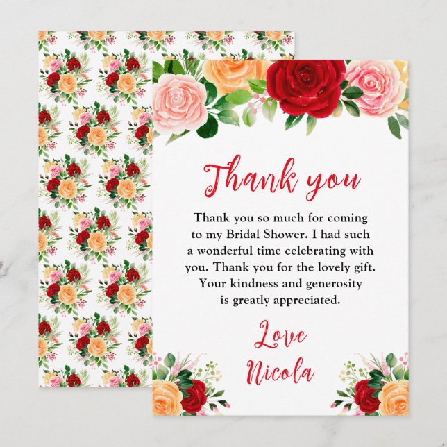 Carte De Remerciements Romantic Red and Orange Roses Bridal Shower (Devant / Derrière)