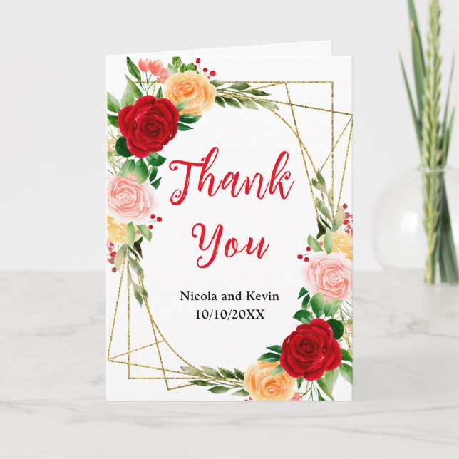Carte De Remerciements Romantic Red and Orange Roses Wedding (Devant)