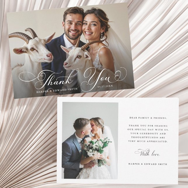 Carte De Remerciements Romantic Swirly Calligraphy Wedding 2 Photo (Front & Back)