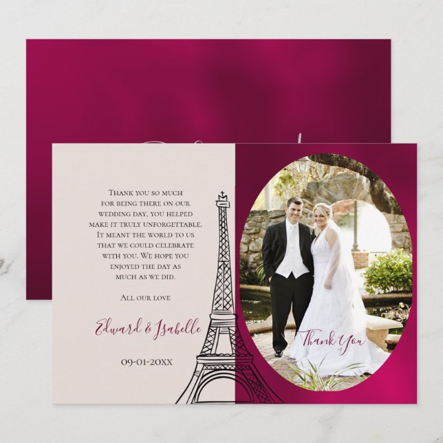 Carte De Remerciements Romantique Bourgogne & Tour Eifel Rose Couple Phot (Devant / Derrière)
