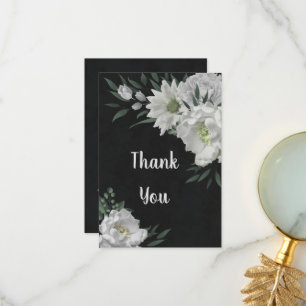 Carte De Remerciements romantique fleurs blanches verdure noir