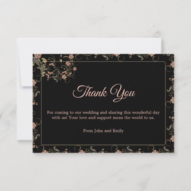 Carte De Remerciements Romantique Noir et Tea rose Mariage floral (Devant)