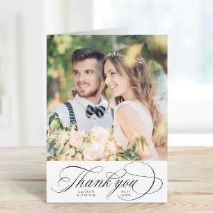 Carte De Remerciements Romantique noir Script Mariage photo plié