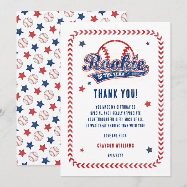 Carte De Remerciements Rookie de baseball de l'année 1er fête d'anniversa (Devant / Derrière)
