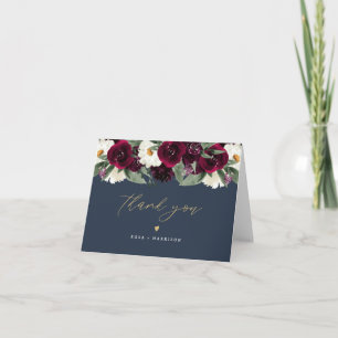 Carte De Remerciements ROSA Rich Burgundy Fleurs Aquarelle Bleu Marine