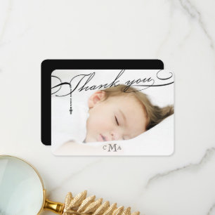 Carte De Remerciements Rosary Cross Monogram Scripted Photo religieuse