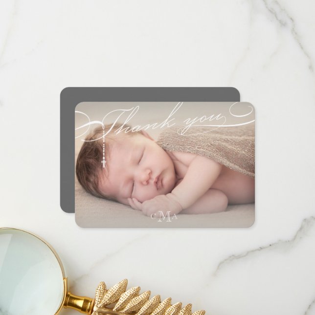 Carte De Remerciements Rosary Cross Monogramme Script Photo Religieux (Devant/Arrière en situation)