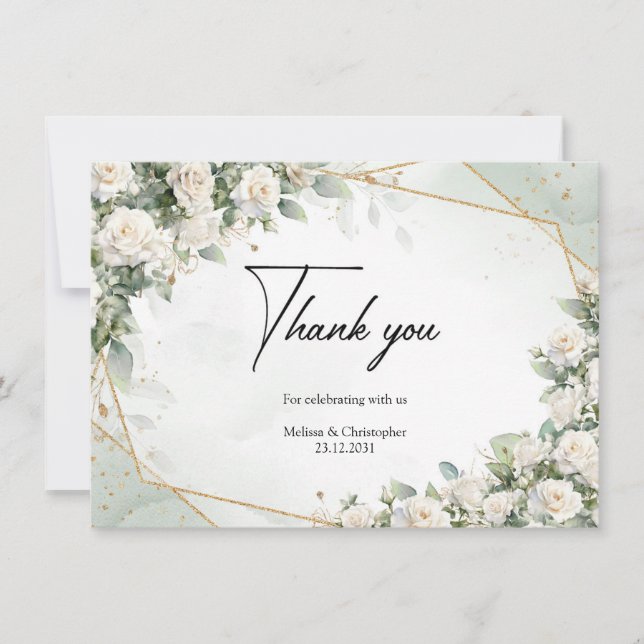 Carte De Remerciements Rose blanche anglaise vert eucalyptus et or (Devant)