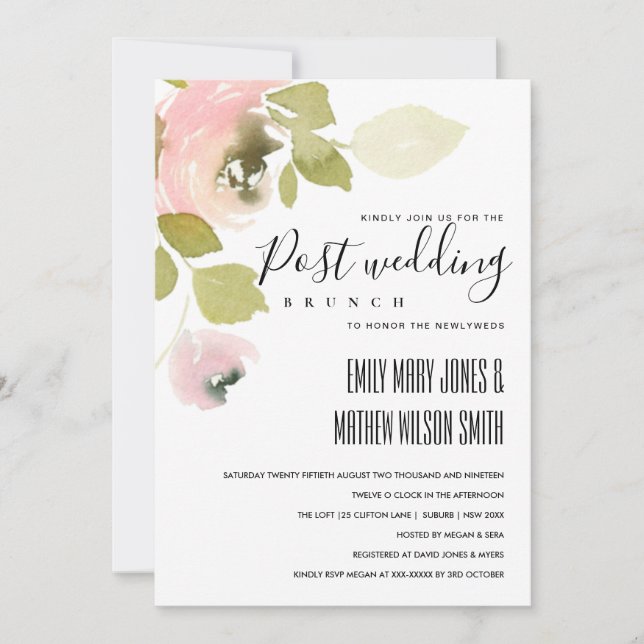 CARTE DE REMERCIEMENTS ROSE BLEUS DOUX  FLORAL POST MARIAGE BRUNCH INVITA (Devant)