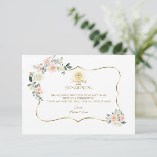 Carte De Remerciements Rose Blush Floral Gold Girl Première Sainte Commun