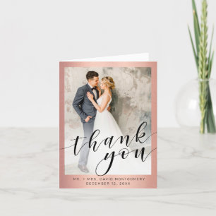 Carte De Remerciements Rose chic Gold Metallic Black Script Photo Mariage