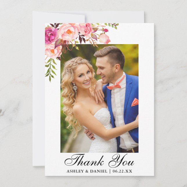 Carte De Remerciements Rose d'aquarelle de photo de mariage floral (Devant)