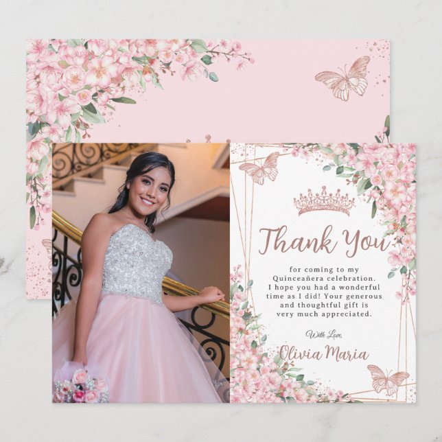Carte De Remerciements Rose de fleurs de cerisiers Gold Quinceañera 16e P (Devant / Derrière)