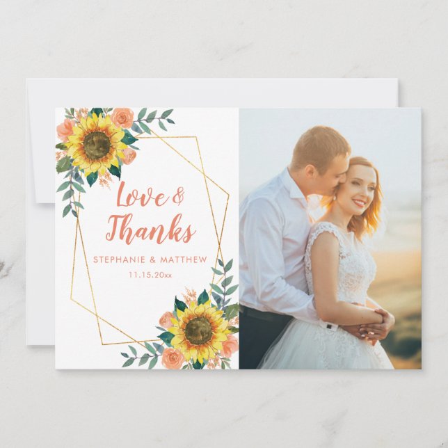 Carte De Remerciements Rose de pêche de tournesol Photo Mariage géométriq (Devant)