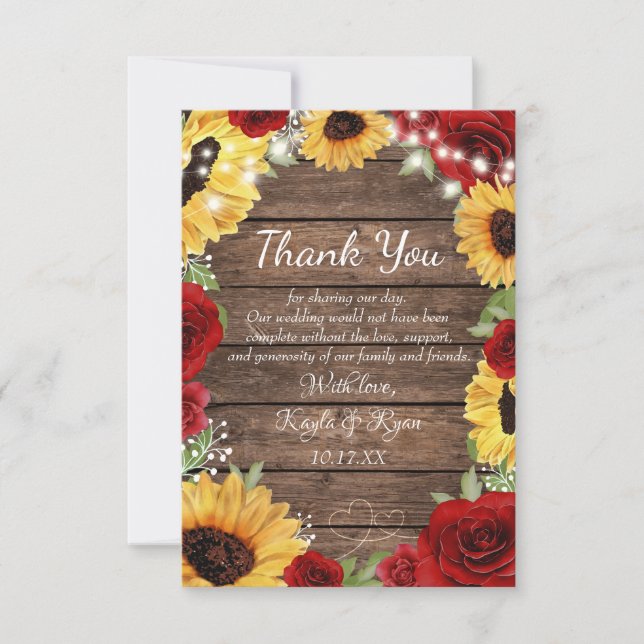 Carte De Remerciements Rose de tournesol rustique Arrière - plan Mariage (Devant)
