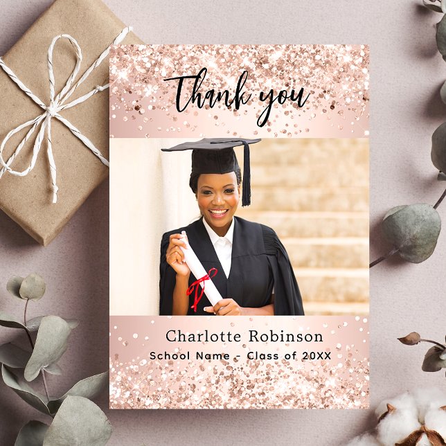 Carte De Remerciements Rose diplômé en or photo confetti (Créateur téléchargé)