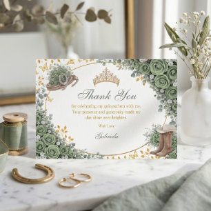 Carte De Remerciements Rose dorée de sage occidentale verte Quinceañera d