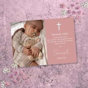 Carte De Remerciements Rose Dusty Script Photo moderne Baptême Christenin