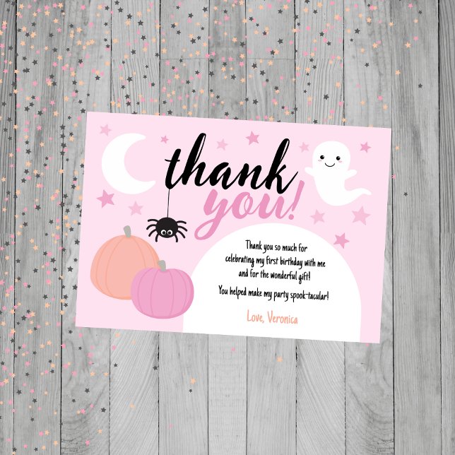 Carte De Remerciements Rose Éffrayant un premier anniversaire (Pink Halloween Thank You Card)