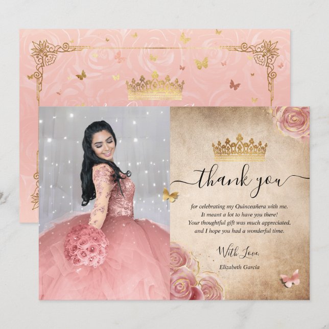 Carte De Remerciements Rose élégante rose blush et or Photo de Quinceaner (Devant / Derrière)