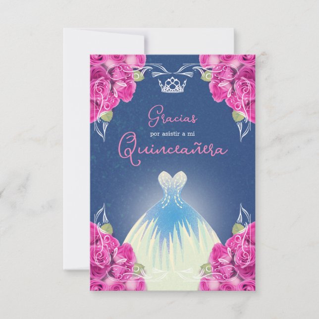 CARTE DE REMERCIEMENTS ROSE ESPAGNOLE ET QUINCEAÑERA BLEU | (Devant)