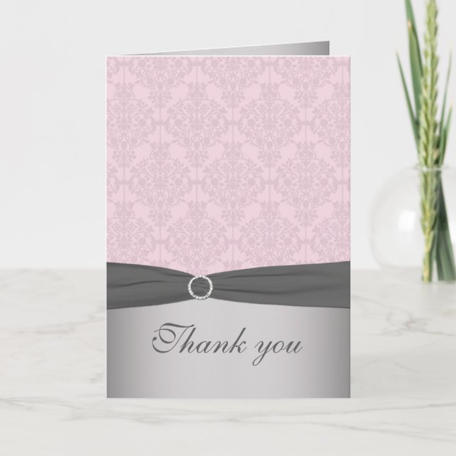Carte de remerciements rose et gris Damas (Devant)