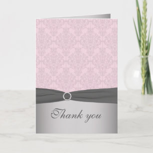 Carte de remerciements rose et gris Damas