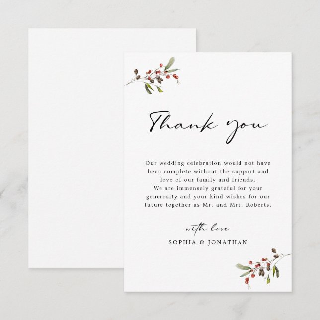 Carte De Remerciements Rose et pin Moderne calligraphie Simple Mariage (Devant / Derrière)
