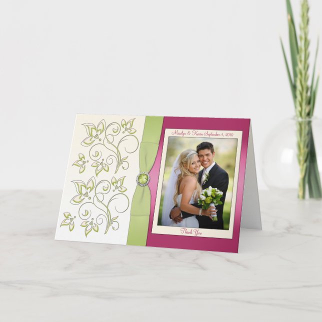 Carte de remerciements rose et vert avec la photo (Devant)