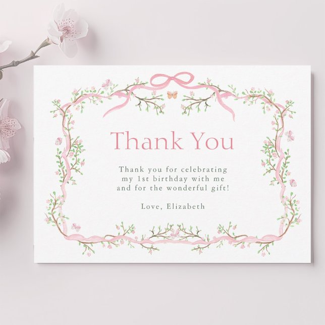 Carte De Remerciements Rose et Vert Jardin de Printemps 1er Anniversaire (Créateur téléchargé)