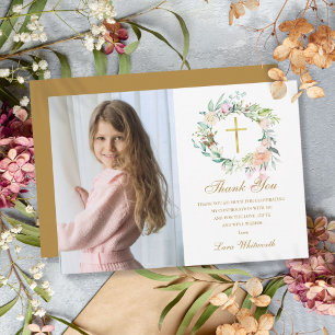 Carte De Remerciements Rose Floral Garland Confirmation Photo Gold Script