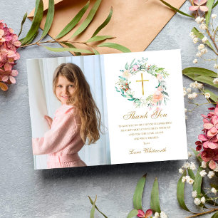 Carte De Remerciements Rose Floral Garland Première Sainte Communion Phot