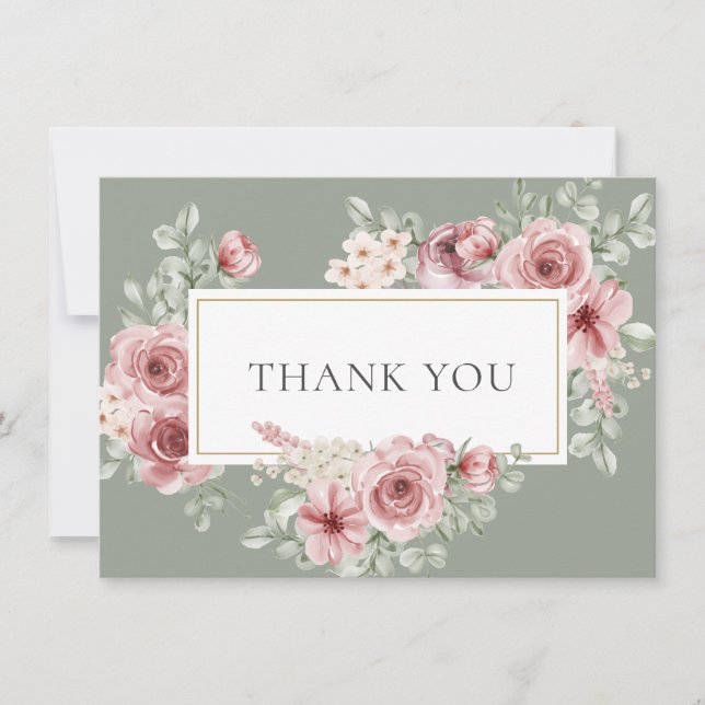 Carte De Remerciements Rose Floral Sage Vert Or Géométrique (Devant)