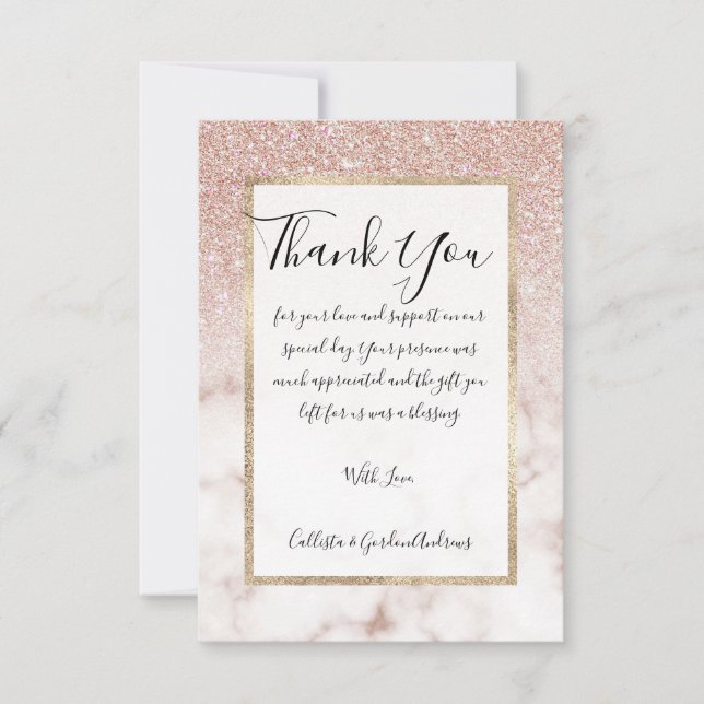 Carte De Remerciements Rose glamour or blanc Parties scintillant marbre d (Devant)