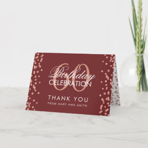 Carte De Remerciements Rose Gold Burgundy 60 Birthday Thank you Confeti