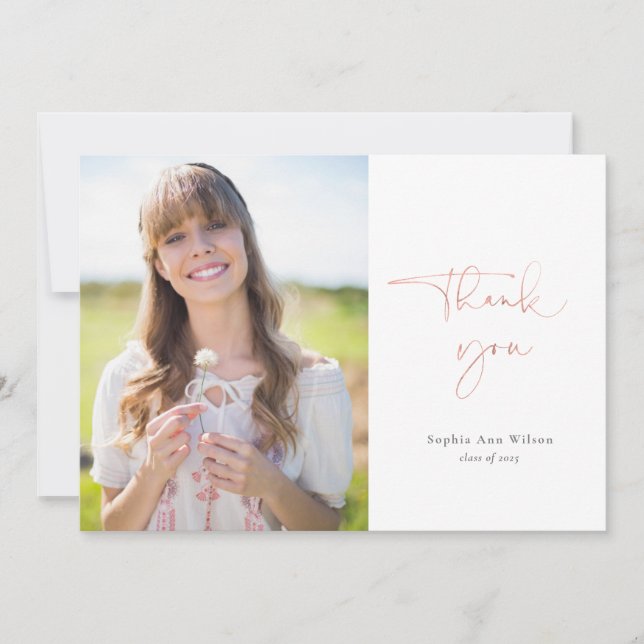 Carte De Remerciements Rose Gold Décontracté Script Photo Graduation Merc (Devant)