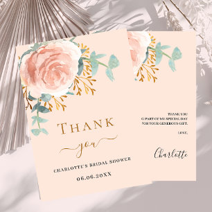 Carte De Remerciements Rose gold floral verdure pêche Fête de mariage