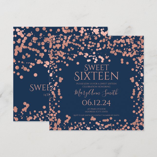 Carte De Remerciements Rose Gold Foil Confetti Sweet 16e Marine Invitatio (Devant / Derrière)