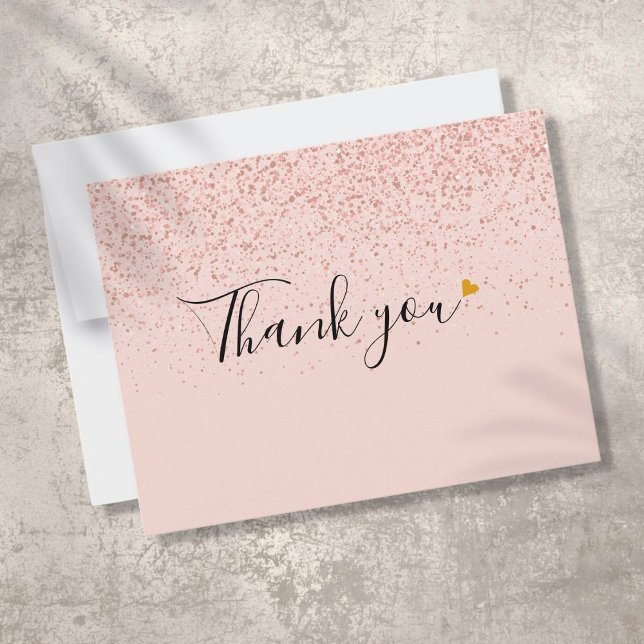 Carte De Remerciements Rose Gold Glitter Script Élégant Cœur en Or (Créateur téléchargé)
