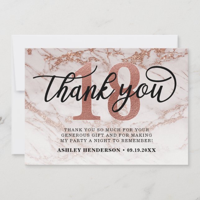 Carte De Remerciements Rose Gold Marble Sweet 18 Anniversaire (Devant)